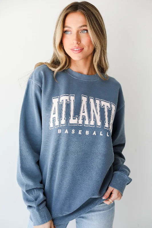 All Season Fashion Collection Denim Atlanta Baseball Block Letter Sweatshirt