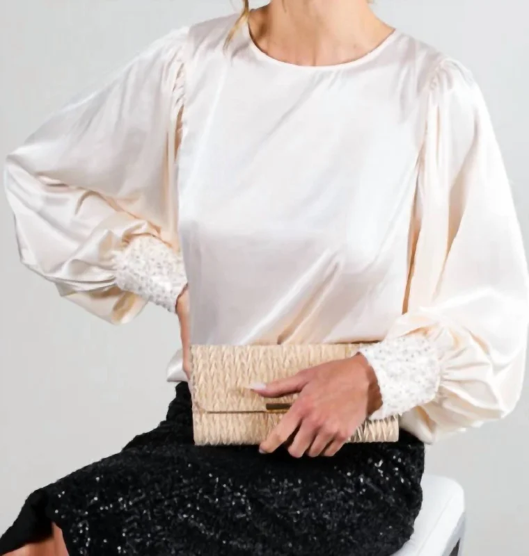 Unleash Your Fashion Sequin Cuff Satin Blouse In Champagne