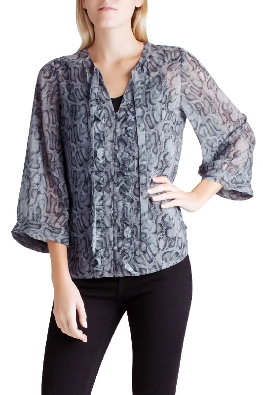 Comfort Meets Fashion Neck Tie Long Sleeve Top In Snakeskin