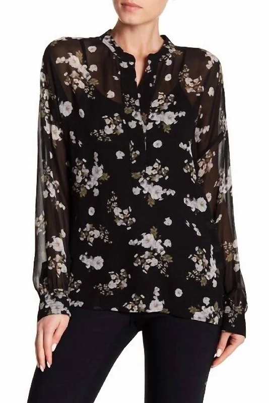 Time-Limited Discounts Just For You Floral Silk Sheer Long Sleeve Blouse In Black