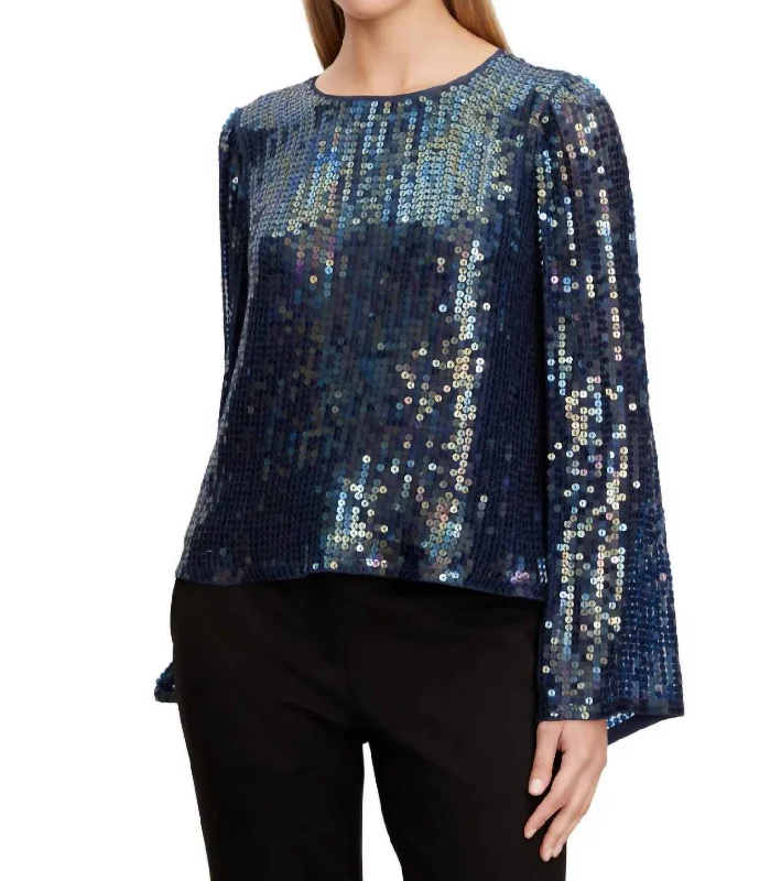 Luxury Fashion Discounts Evie Sequin Wide Neck Blouse In Baltic