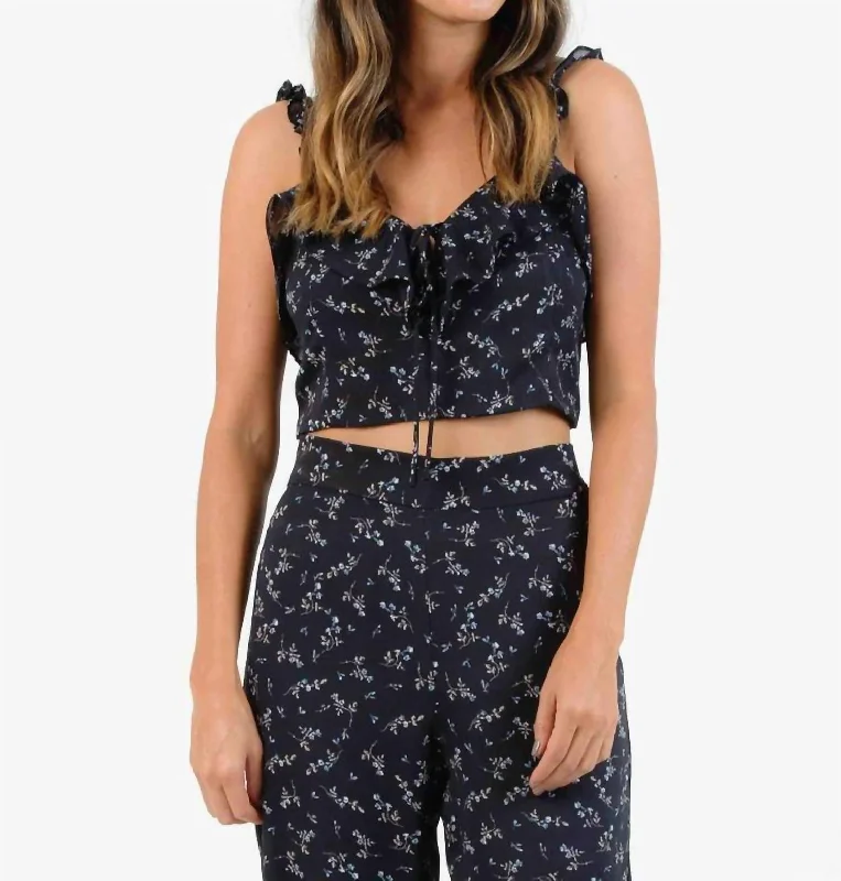 Great Fashion, Even Better Prices Crop Ruffle Strap Boho Floral Print Blouse In Navy Blue