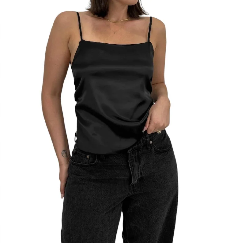 Unleash Your Trend Driven Style Satin Open Tie Back Bow Tank Top In Black