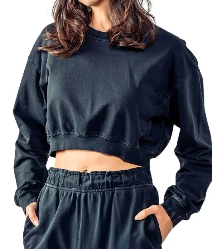 Luxe Style Discounts Mineral Washed Mock Neck Crop Sweatshirt In Black