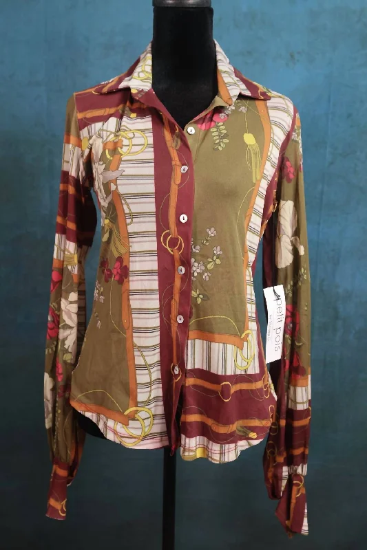 Classic Chic Deals Button Up Blouse In Green/marroon