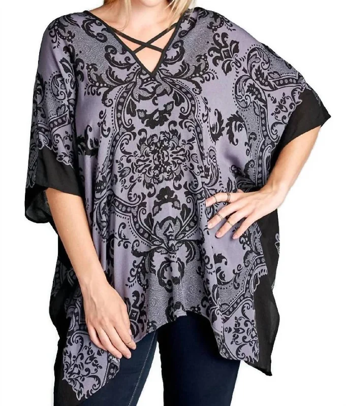 Playful Fashion Offers Damask Bohemian Tunic Top In Black/purple