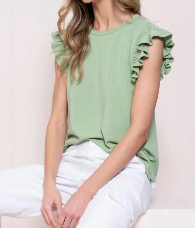 You'll Love Us Because Ruffle Short Sleeve Relaxed Fit Top In Sage