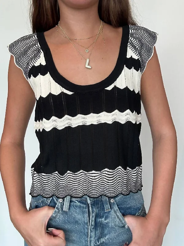 Vintage Style Deals Scalloped Pointelle Knit Top In Black/white