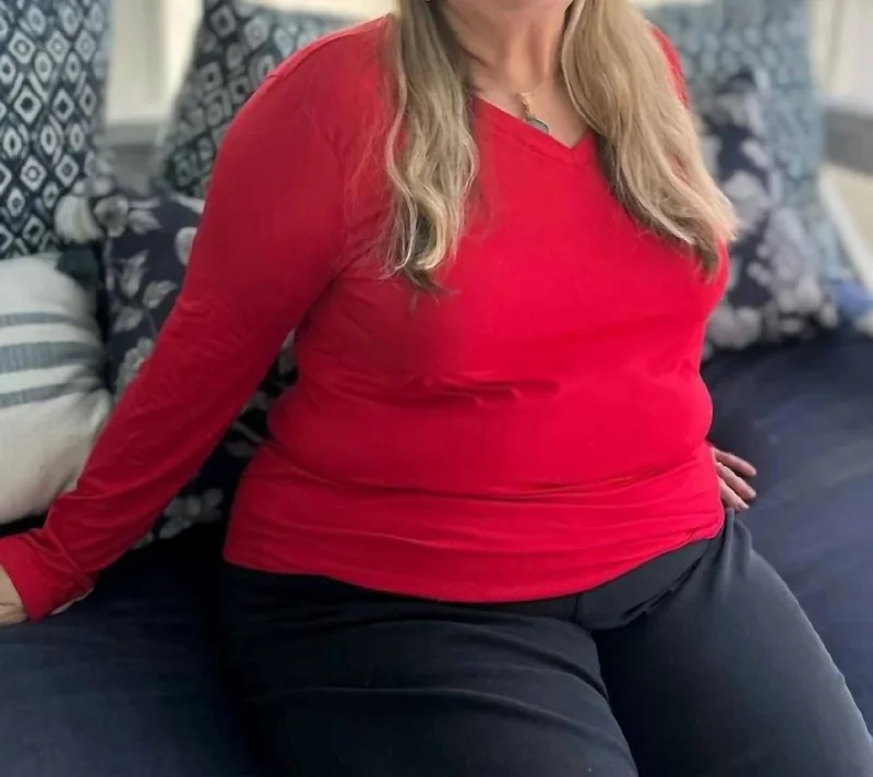 Casual Chic Back To Basic V-Neck Long Sleeve Tee - Plus In Red
