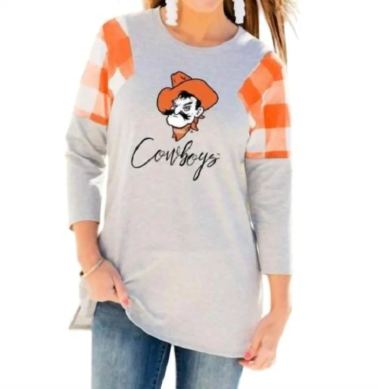 Polished Style Deals Oklahoma State University Get In Check Tunic In Grey/orange