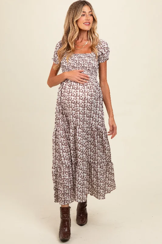 Latest Fashion Brown Floral Puff Sleeve Smocked Maternity Maxi Dress