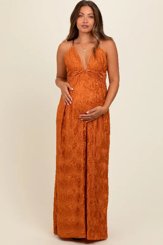 Fashion Forward Camel Deep V-Neck Textured Satin Maternity Maxi Dress