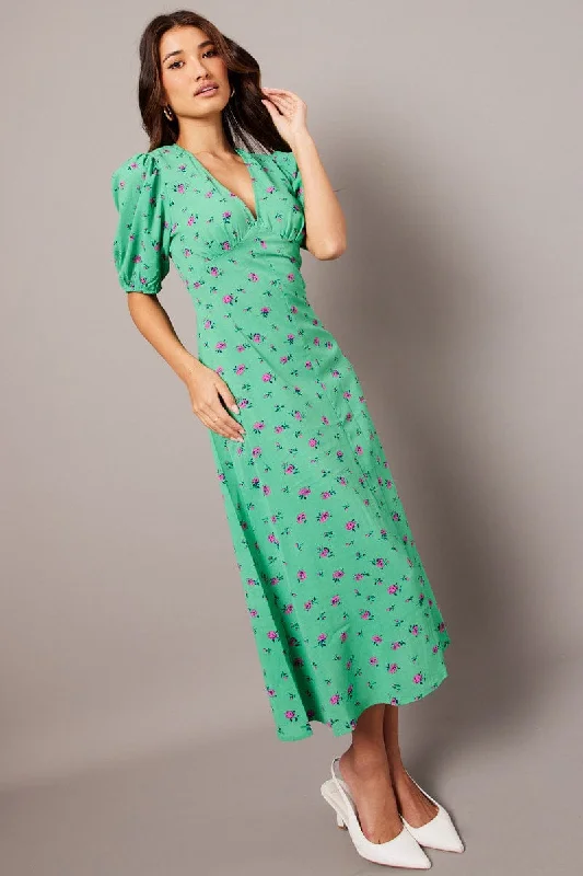 Feminine Soft - Hued Styles Green Floral Midi Dress Puff Sleeve Tea Dress