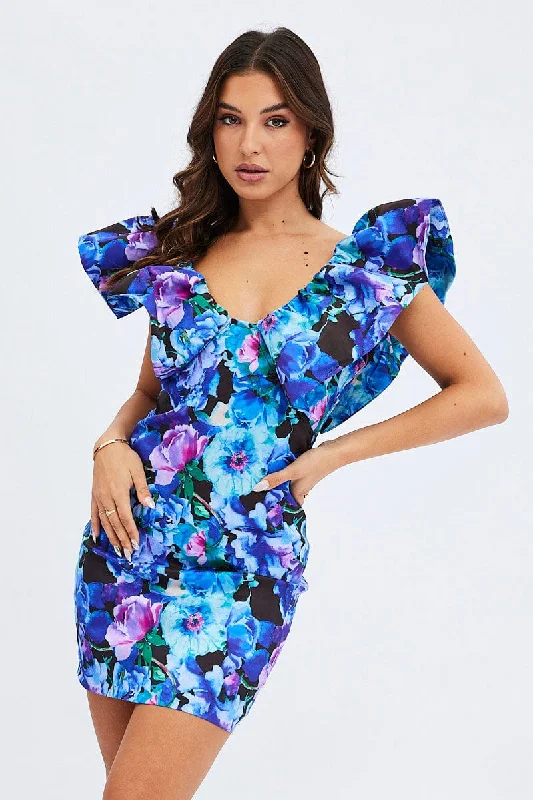 Wardrobe Update Multi Floral Ruffle Shoulder Plunging Statement Mini Dress