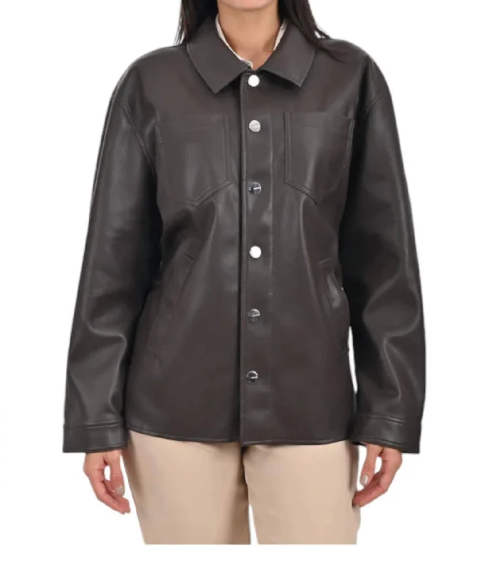 Classic Women's Fashion Faux Leather Shacket In Brown